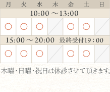 10:00～13:00／15:00～20:00（最終受付19：00）　木曜・日曜・祝日は休診させて頂きます。※木曜日の休診は月に一度、土曜日に変更になります。