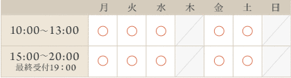 10:00～13:00／15:00～20:00（最終受付19：00）　木曜・日曜・祝日は休診させて頂きます。